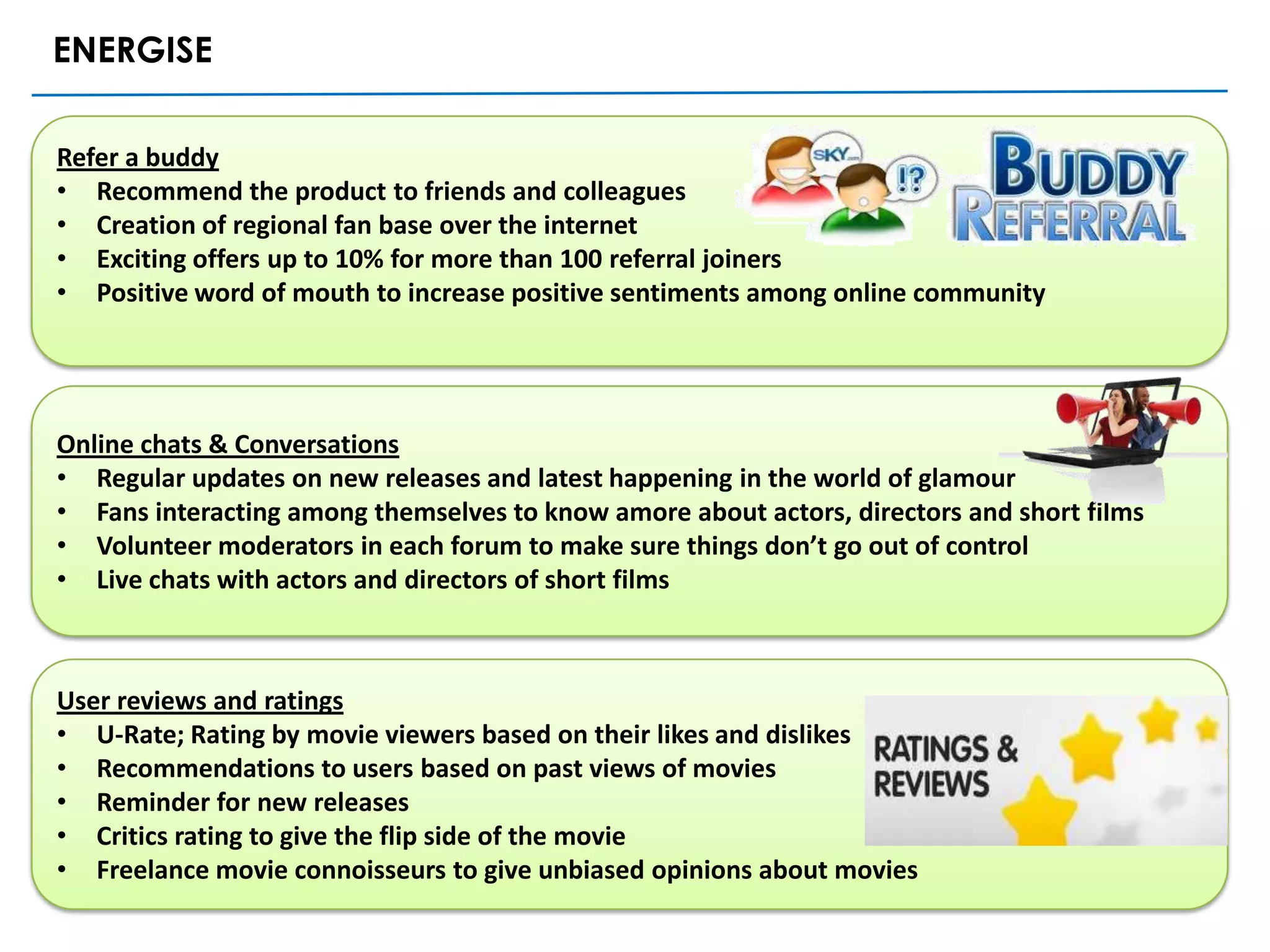 ENERGISE

Refer a buddy
• Recommend the product to friends and colleagues
• Creation of regional fan base over the internet
• Exciting offers up to 10% for more than 100 referral joiners
• Positive word of mouth to increase positive sentiments among online community




Online chats & Conversations
• Regular updates on new releases and latest happening in the world of glamour
• Fans interacting among themselves to know amore about actors, directors and short films
• Volunteer moderators in each forum to make sure things don’t go out of control
• Live chats with actors and directors of short films



User reviews and ratings
• U-Rate; Rating by movie viewers based on their likes and dislikes
• Recommendations to users based on past views of movies
• Reminder for new releases
• Critics rating to give the flip side of the movie
• Freelance movie connoisseurs to give unbiased opinions about movies
 