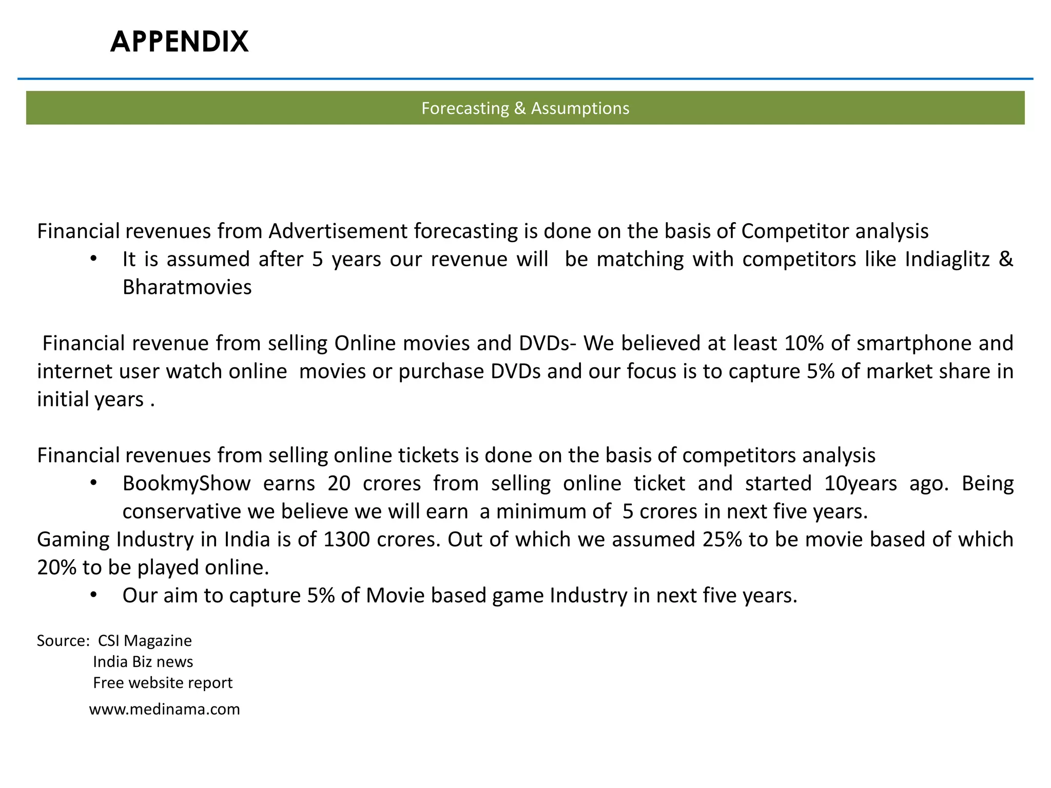 APPENDIX

                                       Forecasting & Assumptions




Financial revenues from Advertisement forecasting is done on the basis of Competitor analysis
     • It is assumed after 5 years our revenue will be matching with competitors like Indiaglitz &
         Bharatmovies

 Financial revenue from selling Online movies and DVDs- We believed at least 10% of smartphone and
internet user watch online movies or purchase DVDs and our focus is to capture 5% of market share in
initial years .

Financial revenues from selling online tickets is done on the basis of competitors analysis
     • BookmyShow earns 20 crores from selling online ticket and started 10years ago. Being
         conservative we believe we will earn a minimum of 5 crores in next five years.
Gaming Industry in India is of 1300 crores. Out of which we assumed 25% to be movie based of which
20% to be played online.
     • Our aim to capture 5% of Movie based game Industry in next five years.
Source: CSI Magazine
       India Biz news
       Free website report
      www.medinama.com
 