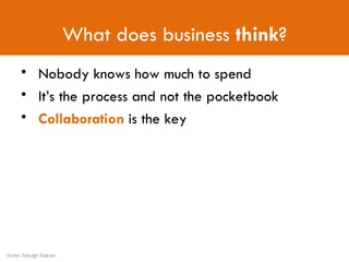 Nobody knows how much to spend It’s the process and not the pocketbook Collaboration  is the key What does business  think ? Source: Strategy+Business 