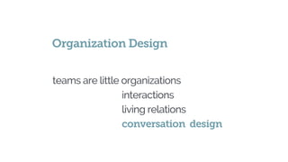 teams are little organizations
Organization Design
interactions
living relations
conversation design
 