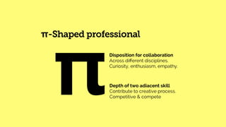 π-Shaped professional
πDisposition for collaboration
Across different disciplines.  
Curiosity, enthusiasm, empathy.
Depth of two adiacent skill
Contribute to creative process.
Competitive & compete
 
