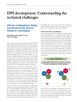 As first AppeAred in inhalation June 2012




DPI development: Understanding the
technical challenges
DPIs are challenging to design                               new DPI remains a rare event, and the success rate of a
                                                             typical DPI development currently stands at around 10
and should not be viewed                                     percent. So why is DPI development so difficult?

merely as “packaging.”                                       Varied and diverse challenges
                                                             When approaching a DPI development program, R&D
David Harris and Andrew Pocock                               teams often appear to be surprised by the wide and
Team Consulting                                              diverse range of technical challenges involved. Efficient
                                                             internal communication between the groups responsible
                                                             for formulation development, device design, regulatory
                                                             affairs, marketing and commercialization is absolutely
The first commercially-successful dry powder inhaler         essential. Without it, there is a danger of silo mentality,
(DPI), which entered the market more than 40 years ago,      with each group believing they have sole responsibility
was developed by Dr. Roger Altounyan, a former Spitfire      for the success of the product. In reality, all aspects
pilot, medical doctor and asthma sufferer, who was           must be satisfied; they are equally important. The device
inspired by the propeller on his fighter plane to develop    is the interface between the user and the drug. The way
the Spinhaler, marketed by Fisons Limited. This small        the user interacts with it almost always affects how well
DPI used a tiny impeller that drew energy from the           it performs and ultimately how much drug is delivered
patient’s inspiration to spin and whirl powder out of a      (see Figure 1).
pierced, standard gelatin capsule to create a respirable
aerosol, thereby solving the coordination issues experi-
enced by many users of pressurized metered dose inhalers                            Figure 1
(pMDIs). Eliminating the need for bulky spacers also         For the relationship between the user, the drug
made the Spinhaler easier to carry and more discreet dur-    and the device to work successfully, the device
ing use, thereby encouraging greater patient acceptance.         must be considered as a true interface.
DPI development has moved on significantly since the
Spinhaler’s launch and the inhaler market continues to
grow. Asthma diagnoses are increasing, especially in the
rapidly-developing regions of the BRIC countries
(Brazil, Russia, India and China), while opportunities
for pulmonary delivery are also emerging in various
therapy areas, such as chronic pain relief and diabetes
management. The DPI also has great potential as a pain
free alternative to injection, opening up new opportuni-
ties in areas such as mass vaccination, where DPIs could
deliver significant cost, safety and hygiene benefits.
At present, DPIs are used primarily for asthma and
chronic obstructive pulmonary disease (COPD) thera-
pies. GlaxoSmithKline’s market-leading Diskus device         Of course, the ultimate DPI would operate 100% effec-
has set the performance benchmark for many years, but        tively for every user. This is an idealized target, but
the emergence of new markets, together with the immi-        unfortunately not one that the current state of the art is
nent expiry of key drug and device patents, indicates that   near to achieving. These following challenges must be
DPI development has gained new impetus. However,             sufficiently analyzed and understood before a new DPI
despite these commercial opportunities, the launch of a      can enter the market successfully:
 