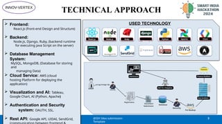 TECHNICAL APPROACH
 Frontend:
React.js (front-end Design and Structure)
 Backend:
Node.js, Django, Ruby, (backend runtime
for executing java Script on the server)
 Database Management
System:
MySQL, MongoDB, (Database for storing
and
managing Data)
 Cloud Service: AWS (cloud
hosting Platform for deploying the
application)
 Visualization and AI: Tableau,
Google Chart, AI (Python, Apache)
 Authentication and Security
system: OAUTH, SSL.
 Rest API: Google API, UIDAI, SendGrid,
USED TECHNOLOGY
React.js Node.js Ruby
Django
Z
Python Apache Chart
@SIH Idea submission-
Template
3
INNOV-VERTEX
 