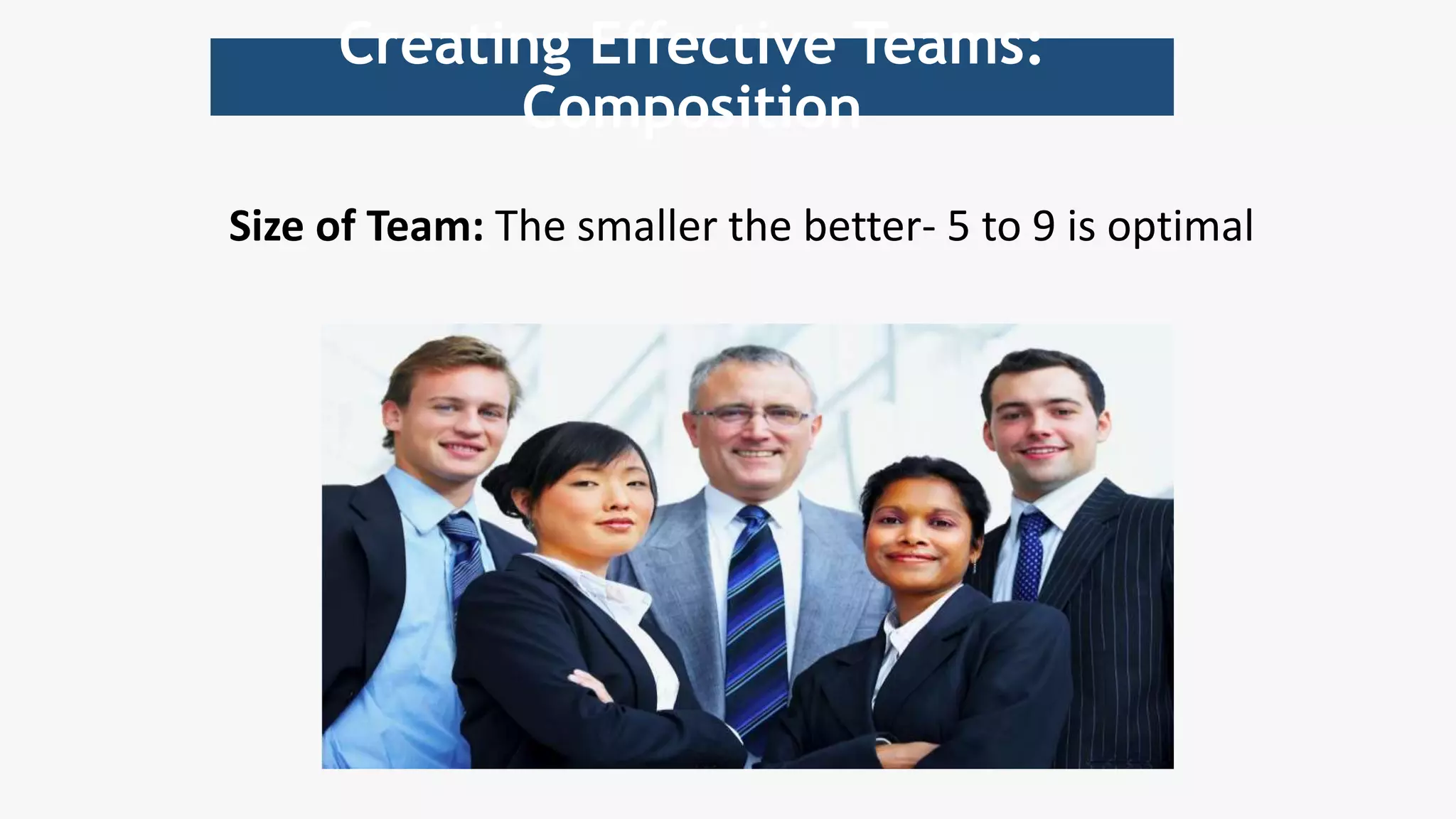 Size of Team: The smaller the better- 5 to 9 is optimal
Creating Effective Teams:
Composition
 