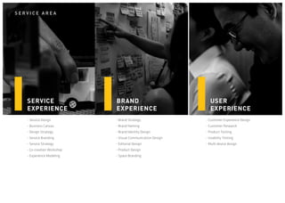 BRAND 
EXPERIENCE 
USER 
EXPERIENCE 
SERVICE 
EXPERIENCE 
- Brand Strategy 
- Brand Naming 
- Brand Identity Design 
- Visual Communication Design 
- Editorial Design 
- Product Design 
- Space Branding 
- Service Design 
- Business Canvas 
- Design Strategy 
- Service Branding 
- Service Strategy 
- Co-creation Workshop 
- Experience Modeling 
- Customer Experience Design 
- Customer Research 
- Product Testing 
- Usability Testing 
- Multi device design 
SERVICE AREA  