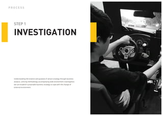 STEP 1 
INVESTIGATION 
Understanding the essence and purpose of service strategy through business analysis, utilizing methodology accompanying wide environment investigation, we can establish sustainable business strategy to cope with the change of 
external environment. 
PROCESS  