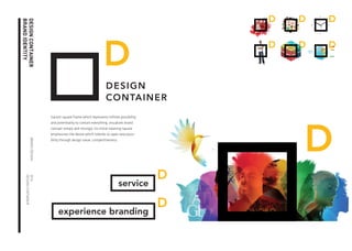 Vacant square frame which represents infinite possibility and potentiality to contain everything, visualizes brand concept simply and strongly, its initial meaning square emphasizes the desire which intends to open new possibility through design value, competitiveness. 
BRAND DESIGN 
2014 
DESIGN CONTAINER 
DESIGN CONTAINER 
BRAND IDENTITY  