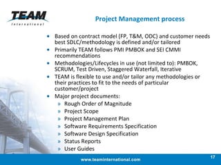 Based on contract model (FP, T&M, ODC) and customer needs best SDLC/methodology is defined and/or tailored Primarily TEAM follows PMI PMBOK and SEI CMMI recommendations Methodologies/Lifecycles in use (not limited to): PMBOK, SCRUM, Test Driven, Staggered Waterfall, Iterative TEAM is flexible to use and/or tailor any methodologies or their practices to fit to the needs of particular customer/project Major project documents: Rough Order of Magnitude Project Scope Project Management Plan Software Requirements Specification Software Design Specification Status Reports User Guides Project Management process 