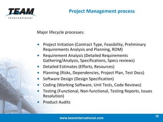 Major lifecycle processes: Project Initiation (Contract Type, Feasibility, Preliminary Requirements Analysis and Planning, ROM) Requirement Analysis (Detailed Requirements Gathering/Analysis, Specifications, Specs reviews) Detailed Estimates (Efforts, Resources) Planning (Risks, Dependencies, Project Plan, Test Docs) Software Design (Design Specification) Coding (Working Software, Unit Tests, Code Reviews) Testing (Functional, Non-functional, Testing Reports, Issues Resolution) Product Audits Project Management process 