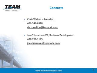Contacts   Chris Walton – President 407-548-6310 [email_address]   Joe Chiovarou – VP, Business Development 407-708-1145 [email_address]   