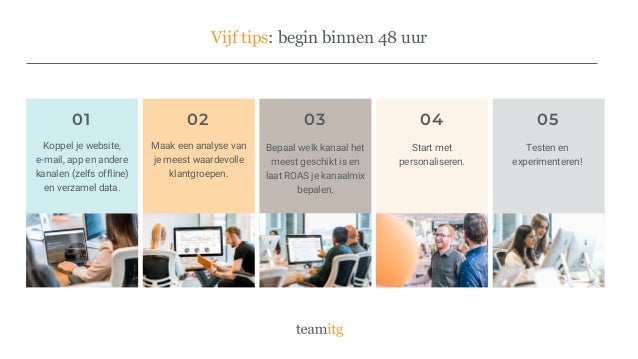 Koppel je website,
e-mail, app en andere
kanalen (zelfs offline)
en verzamel data.
Maak een analyse van
je meest waardevolle
klantgroepen.
Bepaal welk kanaal het
meest geschikt is en
laat ROAS je kanaalmix
bepalen.
05
Start met
personaliseren.
Vijf tips: begin binnen 48 uur
03
02
01 04
Testen en
experimenteren!
 