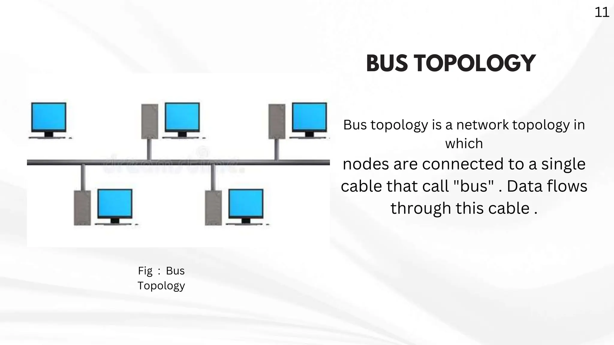 BUS TOPOLOGY
Bus topology is a network topology in
which
nodes are connected to a single
cable that call "bus" . Data flows
through this cable .
Fig : Bus
Topology
11
 