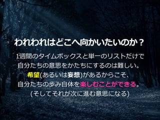 われわれはどこへ向かいたいのか？
1週間のタイムボックスと単⼀のリストだけで
⾃分たちの意思をかたちにするのは難しい。
希望(あるいは妄想)があるからこそ、
⾃分たちの歩み⾃体を楽しむことができる。
(そしてそれが次に進む意思になる)
 
