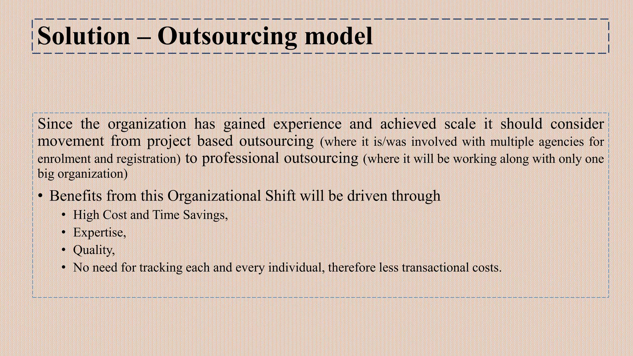 Solution – Outsourcing model
Since the organization has gained experience and achieved scale it should consider
movement from project based outsourcing (where it is/was involved with multiple agencies for
enrolment and registration) to professional outsourcing (where it will be working along with only one
big organization)
• Benefits from this Organizational Shift will be driven through
• High Cost and Time Savings,
• Expertise,
• Quality,
• No need for tracking each and every individual, therefore less transactional costs.
 