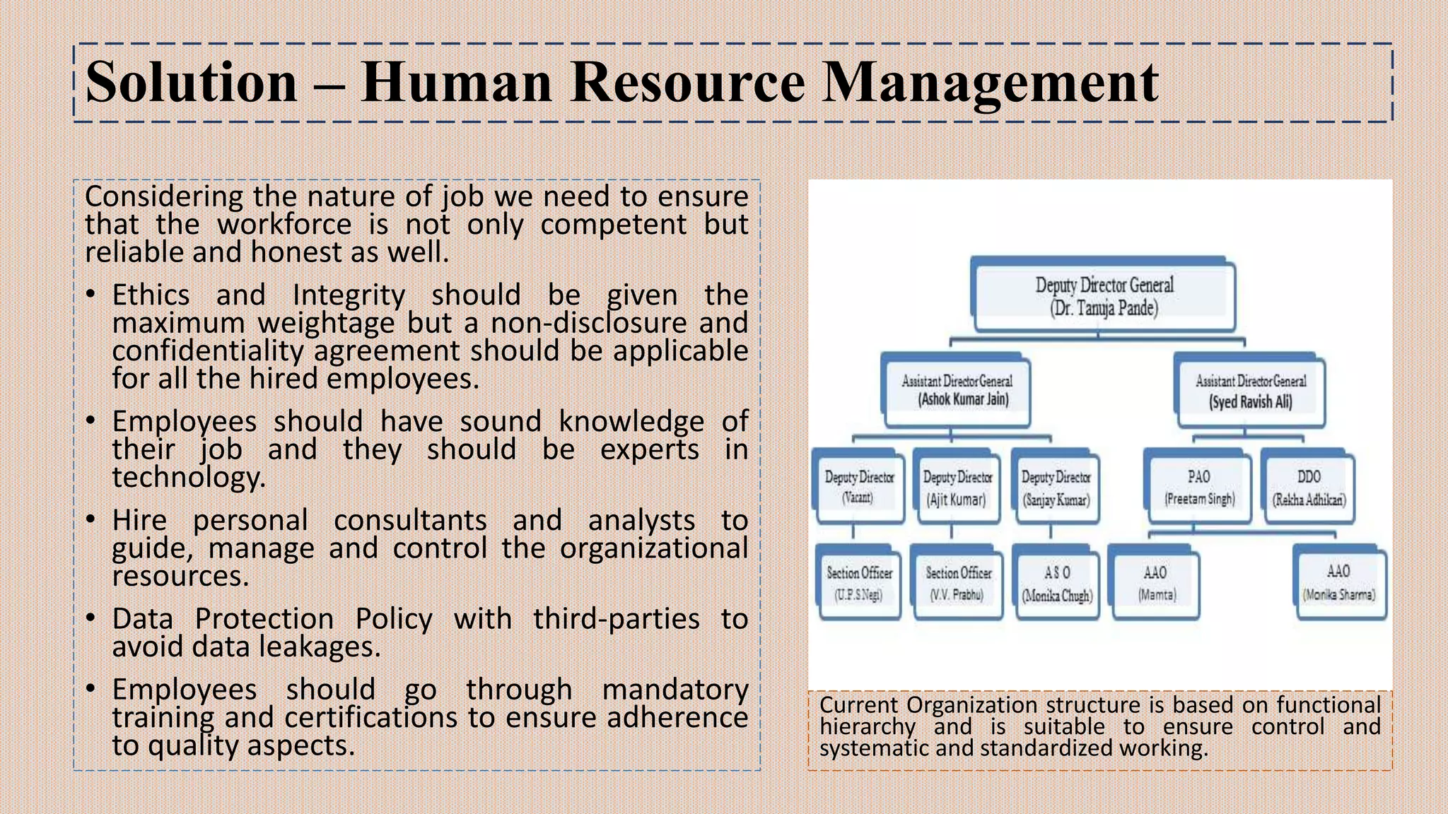 Solution – Human Resource Management
Considering the nature of job we need to ensure
that the workforce is not only competent but
reliable and honest as well.
• Ethics and Integrity should be given the
maximum weightage but a non-disclosure and
confidentiality agreement should be applicable
for all the hired employees.
• Employees should have sound knowledge of
their job and they should be experts in
technology.
• Hire personal consultants and analysts to
guide, manage and control the organizational
resources.
• Data Protection Policy with third-parties to
avoid data leakages.
• Employees should go through mandatory
training and certifications to ensure adherence
to quality aspects.
Current Organization structure is based on functional
hierarchy and is suitable to ensure control and
systematic and standardized working.
 