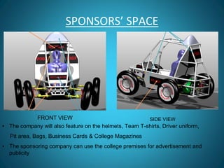 FRONT VIEW SIDE VIEW
• The company will also feature on the helmets, Team T-shirts, Driver uniform,
Pit area, Bags, Business Cards & College Magazines
• The sponsoring company can use the college premises for advertisement and
publicity
SPONSORS’ SPACE
 