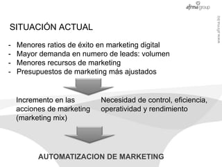 www.afirma.biz
SITUACIÓN ACTUAL

-   Menores ratios de éxito en marketing digital
-   Mayor demanda en numero de leads: vo...