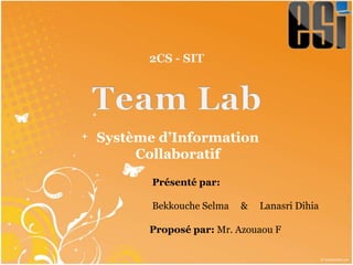 Système d’Information
Collaboratif
2CS - SIT
Présenté par:
Bekkouche Selma & Lanasri Dihia
Proposé par: Mr. Azouaou F
 