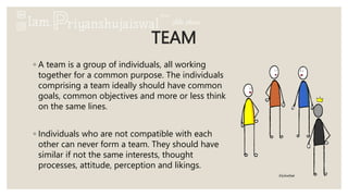 TEAM
◦ A team is a group of individuals, all working
together for a common purpose. The individuals
comprising a team ideally should have common
goals, common objectives and more or less think
on the same lines.
◦ Individuals who are not compatible with each
other can never form a team. They should have
similar if not the same interests, thought
processes, attitude, perception and likings.
 