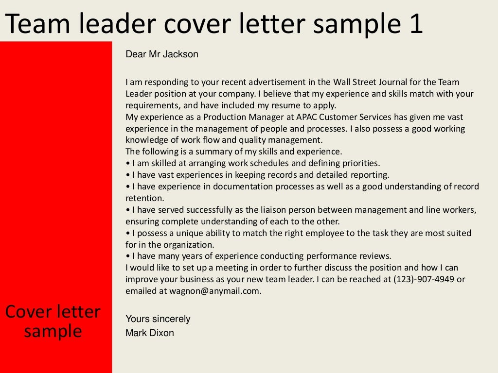 cover letter example for team leader position