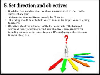 • Good direction and clear objectives have a massive positive effect on the
success of any team
• Vision needs some reality, particularly for IT people.
• IT strategy should describe both your vision and the targets you are seeking
to achieve.
• Objectives should be set in each of the four quadrants of the balanced
scorecard, namely, customer or end user objectives, process objectives
including technical performance (again in IT’s case), people objectives and
financial objectives.

 