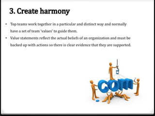 • Top teams work together in a particular and distinct way and normally
have a set of team ‘values’ to guide them.
• Value statements reflect the actual beliefs of an organization and must be
backed up with actions so there is clear evidence that they are supported.

 