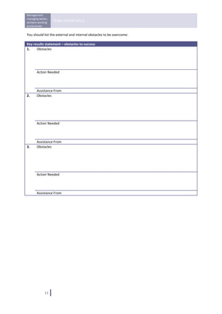 Management 
managing better, 
workers working 
                    TEAM LEADER SKILLS 
productively 
 
You should list the external and internal obstacles to be overcome: 

Key results statement – obstacles to success
1.    Obstacles                         
                                        
                                        
                                        
                                        
      Action Needed                     
                                        
                                        
                                        
      Assistance From                   
2.    Obstacles                         
                                        
                                        
                                        
                                        
                                        
      Action Needed                     
                                        
                                        
                                        
      Assistance From                   
3.    Obstacles                         
                                        
                                        
                                        
                                        
                                        
      Action Needed                     
                                        
                                        
                                        
      Assistance From                   

 

                                     




              11   
 
 
