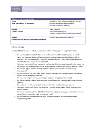 Management 
managing better, 
workers working 
                    TEAM LEADER SKILLS 
productively 
 
 

Effective formal meeting checklist 
Timing                                                     ‐ schedule to finish at lunchtime / end of day (any 
‐treat starting time as sacrosanct                         overshoot would be unwelcome by all) 
                                                           ‐ only give time to the key issues 
                                                            
Agenda                                                     ‐ make it specific
‐ write it yourself                                        ‐ put important items first 
                                                           ‐ circulate in advance (and insist people prepare) 

Minutes                                                    ‐ circulate within 24 hours of meeting. 
‐ reduce to action, person responsible and deadline 



Informal meetings 

You should first of all test how effective your current, informal meetings are by using this check‐list: 

     •    Do you always telephone to find out when it will be convenient for the other person to meet? 
     •    When you telephone, do you briefly mention your purpose and agenda so that he / she will be 
          prepared? And indicate how long a discussion is needed? And ask if there is anything else he / she 
          wishes to discuss to ensure you are prepared? 
     •    Whenever you meet with your manager, if you have a problem, do you always outline the answer you 
          recommend and are able to mention the, alternatives you have rejected, and your reasons, if asked? 
     •    Do you hold regular informal meetings with your staff to avoid frequent and unnecessary 
          interruptions? 
     •    Do you insist that, they must never bring a problem to you without having considered the available 
          options and recommending a solution? 
     •    Do you waste people’s time by answering the telephone during informal meetings? 
     •    Do you ask members of your team to come to your office without the courtesy of telling them your 
          agenda? 
     •    How often do you visit members of your team rather than have them always visit you? 
     •    Whenever someone telephones you to suggest a meeting, do you always ask the purpose and the 
          priority needed? 
     •    Whenever someone visits your office for an informal meeting, do you suggest another time if you are 
          not sufficiently prepared or it will interrupt a key task? 
     •    Do your meetings always end with decisions approved or specific: action and a deadline for 
          completion agreed? 

                                       




              19   
 
 