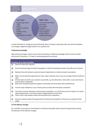 Management 
managing better, 
workers working 
                    TEAM LEADER SKILLS 
productively 
 



         ‘Left’ Brain                        ‘Right’ Brain
         •controls right side of             •controls left side of body
          body                               •non‐verbal
         •verbal                             •non‐rational
         •rational, controlled               •emotional
         •logical                            •intuitive, creative
         •reading, writing                   •face recognition
         •naming                             •artistic, musical
         •mathematical / scientific          •understands humour


                                                                              

A useful technique to `change your way of thinking’ about a situation, particularly when you feel de‐motivated 
is to change a negative thought, pattern into a positive one. 

3.8 Business knowledge 

High achieving managers need to ensure that they develop an effective knowledge of their business and the 
environment it operates in. To have an improving approach you should: 


Keeping up‐to‐date checklist 
       Read the trade press regularly 

       Scan the technical page of relevant newspapers to look for developments which may affect your business

       Maintain links with relevant university research departments or industry research associations 

       Make sure you have the opportunity to meet, major customers even if you are no longer directly involved in 
       sales 
       Visit the point of sale for your products occasionally, e.g. the wholesaler, retail outlet, or your own branch, 
       to know what is happening 
       Meet with existing and potential suppliers occasionally to find out about their developments 

       Visit the major exhibitions in your industry sector to keep informed about competitors 

       Visit other countries expressly to meet overseas competitors, or to find new sources of supply, or to assess 
       export opportunities, or to find out what is happening there at first hand 
       Listen to your sales people to keep informed about your competitors

       Ask your customers about the opportunities and pressures facing them so that you can respond to their 
       needs. 

3.9 The effective manager 

As a reminder to yourself, you should keep in mind these 10 qualities which research has generated as being 
the hallmarks of the effective manager: 




              23   
 
 