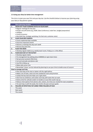 Management 
managing better, 
workers working 
                    TEAM LEADER SKILLS 
productively 
 
2.3 Using your diary for better time management 

The trick is to plan your year first and your day last. Use the checklist below to improve your planning using 
your diary or day planner system. 

     Diary planning checklist 
1.   ENTER KEY YEAR PLANNING DATES IN YOUR DIARY
     • Regular meetings for the year 
     • Known one‐off events (e.g. AGM, Sales Conference, trade fairs, budget preparation) 
     • Holidays 
     • Family occasions 
     • Key tasks (e.g. strategic workshop, Far East visit, customer visits) 
2.   PLAN YOUR NEXT MONTH 
     • Count unplanned days available 
     • Duck less important events 
     • Reserve a meeting‐free day each week
     • Reserve key task time. 
3.   PLAN THIS WEEK 
     • Develop regular habits (e.g. weekly team lunch, Friday p.m. in the office)
4.   PLAN EACH DAY AT THE OUTSET 
     • Develop regular habits 
     • Fix management‐by‐walking‐about (MBWA) or open door times
     • Set personal assistant (PA) times 
     • List and rank jobs and phone calls 
     • Use PA to follow up 
     • Make daily action lists 
     • Remember ‘stress’ can be reduced by planning to use your time to tackle areas of concern 
How to manage each day
     • Plan each day at the start or better still the night before.
     • Make a list of tasks, work out time needed for each and prioritize.
     • Isolate the key task and make sure it gets done.
     • Don’t be too ambitious and clutter each day with tasks that can wait.
     • Build a time for solitude and/or to handle an issue that could crop up.
     • Reduce interruptions from phone calls, visitors, etc times ear‐marked for task completion. 
     • Tie each day in with the week, the month, the year and your goals.
5.   FOLLOW UP EFFECTIVELY BY USING THREE FOLLOW‐UP FILES
     This week 
     Next week 
     This month 

 

                                     




               8   
 
 