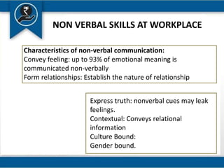 NON VERBAL SKILLS AT WORKPLACE
Characteristics of non-verbal communication:
Convey feeling: up to 93% of emotional meaning is
communicated non-verbally
Form relationships: Establish the nature of relationship
Express truth: nonverbal cues may leak
feelings.
Contextual: Conveys relational
information
Culture Bound:
Gender bound.
 