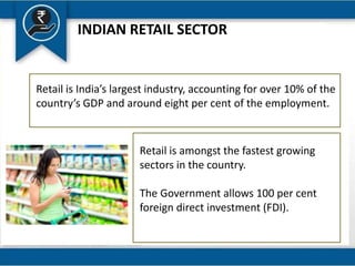 INDIAN RETAIL SECTOR
Retail is India’s largest industry, accounting for over 10% of the
country’s GDP and around eight per cent of the employment.
Retail is amongst the fastest growing
sectors in the country.
The Government allows 100 per cent
foreign direct investment (FDI).
 