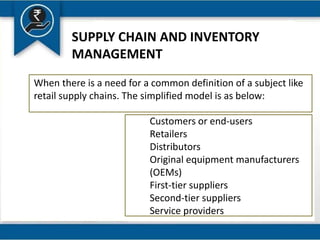 SUPPLY CHAIN AND INVENTORY
MANAGEMENT
When there is a need for a common definition of a subject like
retail supply chains. The simplified model is as below:
Customers or end-users
Retailers
Distributors
Original equipment manufacturers
(OEMs)
First-tier suppliers
Second-tier suppliers
Service providers
 