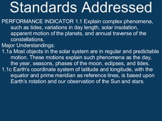 Standards Addressed PERFORMANCE INDICATOR 1.1 Explain complex phenomena, such as tides, variations in day length, solar insolation, apparent motion of the planets, and annual traverse of the constellations. Major Understandings: 1.1a Most objects in the solar system are in regular and predictable motion. These motions explain such phenomena as the day, the year, seasons, phases of the moon, eclipses, and tides. 1.1c Earth’s coordinate system of latitude and longitude, with the equator and prime meridian as reference lines, is based upon Earth’s rotation and our observation of the Sun and stars. 