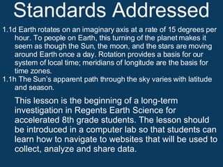 Standards Addressed 1.1d Earth rotates on an imaginary axis at a rate of 15 degrees per hour. To people on Earth, this turning of the planet makes it seem as though the Sun, the moon, and the stars are moving around Earth once a day. Rotation provides a basis for our system of local time; meridians of longitude are the basis for time zones. 1.1h The Sun’s apparent path through the sky varies with latitude and season. This lesson is the beginning of a long-term investigation in Regents Earth Science for accelerated 8th grade students. The lesson should be introduced in a computer lab so that students can learn how to navigate to websites that will be used to collect, analyze and share data. 