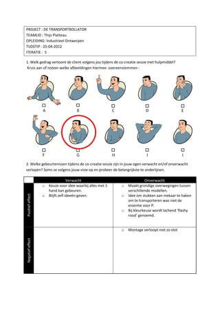 PROJECT : DE TRANSPORTROLLATOR
TEAMLID : Thijs Platteau
OPLEIDING: Industrieel Ontwerpen
TIJDSTIP : 25-04-2012
ITERATIE : 5

1. Welk gedrag vertoont de client volgens jou tijdens de co-creatie sessie met hulpmiddel?
Kruis aan of noteer welke afbeeldingen hiermee overeenstemmen :




2. Welke gebeurtenissen tijdens de co-creatie sessie zijn in jouw ogen verwacht en/of onverwacht
verlopen? Soms ze volgens jouw visie op en probeer de belangrijkste te onderlijnen.

                                   Verwacht                                Onverwacht
                  o   Keuze voor idee waarbij alles met 1   o   Maakt grondige overwegingen tussen
                      hand kan gebeuren.                        verschillende modellen.
                  o                                         o
Positief effect




                      Blijft zelf ideeën geven.                 Idee om stukken aan mekaar te haken
                                                                om te transporteren was niet de
                                                                essentie voor P.
                                                            o   Bij kleurkeuze wordt lachend ‘flashy
                                                                rood’ genoemd.


                                                            o   Montage verloopt niet zo vlot
Negatief effect
 