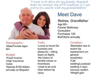 “I want to be there for my family. Biopatch
                       helps me monitor my DVT condition so I can
                       worry less and be with my grandchildren”

                                               Meet Dave
                                               Retiree, Grandfather
                                               Age 60+
                                               Former McKinsey
                                               Consultant
                                               Purchases 120
                                               BioPatchs annually

Demographic:                Traits:                      Condition:
•Male/Female Ages           •Loves to travel (for        •Bedridden due to
60+                         business and                 recent hip
                            pleasure) – sitting          replacement (on
Budget:                     down on flights              general
•Fixed Income               •No history of               anesthetic)
•High Insurance             familial cancer or           •Calf
Costs                       thrombosis                   swelling/Localized
•Spends $100 dollars        •Used to be avid             swelling in leg’s
annually on Biopatch        hiker before hip             venuous system
                            injury                       •Weight gain
 