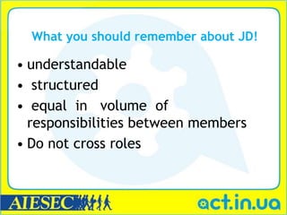 What you should remember about JD!

• understandable
• structured
• equal in volume of
  responsibilities between members
• Do not cross roles
 