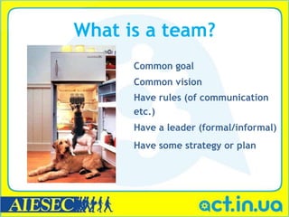 What is a team?
      Common goal
      Common vision
      Have rules (of communication
      etc.)
      Have a leader (formal/informal)
      Have some strategy or plan
 