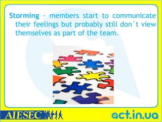 Storming - members start to communicate
  their feelings but probably still don`t view
  themselves as part of the team.
 