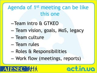 Agenda of 1st meeting can be like
              this one
 –Team intro & GTKEO
 – Team vision, goals, MoS, legacy
 – Team culture
 – Team rules
 – Roles & Responsibilities
 – Work flow (meetings, reports)
 