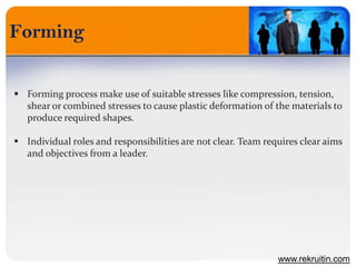 Forming
www.rekruitin.com
 Forming process make use of suitable stresses like compression, tension,
shear or combined stresses to cause plastic deformation of the materials to
produce required shapes.
 Individual roles and responsibilities are not clear. Team requires clear aims
and objectives from a leader.
 