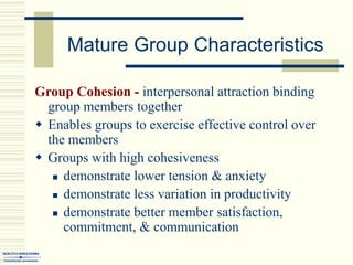 Mature Group Characteristics
Group Cohesion - interpersonal attraction binding
group members together
 Enables groups to exercise effective control over
the members
 Groups with high cohesiveness
 demonstrate lower tension & anxiety
 demonstrate less variation in productivity
 demonstrate better member satisfaction,
commitment, & communication
 