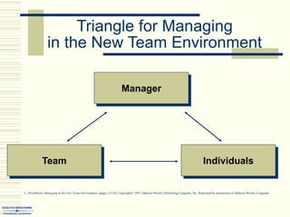 Triangle for Managing
in the New Team Environment
Manager
Individuals
Team
L. Hirschhorn, Managing in the New Team Environment, (pages 13/14). Copyright© 1991 Addison-Wesley Publishing Company, Inc. Reprinted by permission of Addison Wesley Longman.
 