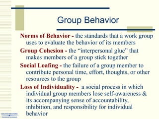 Group Behavior
Norms of Behavior - the standards that a work group
uses to evaluate the behavior of its members
Group Cohesion - the “interpersonal glue” that
makes members of a group stick together
Social Loafing - the failure of a group member to
contribute personal time, effort, thoughts, or other
resources to the group
Loss of Individuality - a social process in which
individual group members lose self-awareness &
its accompanying sense of accountability,
inhibition, and responsibility for individual
behavior
 