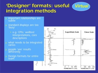 ‘Designer’ formats: useful    Virtual
integration methods
important relationships are
subtle
standard displays are too
‘busy’
 • e.g. CPIs; welltest
   interpretations, core
   descriptions
what needs to be integrated
varies
people ‘see’ results
differently
Design formats for entire
team
 
