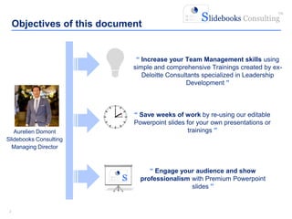 22
Aurelien Domont
Slidebooks Consulting
Managing Director
“ Increase your Team Management skills using
simple and comprehensive Trainings created by ex-
Deloitte Consultants specialized in Leadership
Development ”
“ Engage your audience and show
professionalism with Premium Powerpoint
slides ”
Objectives of this document
“ Save weeks of work by re-using our editable
Powerpoint slides for your own presentations or
trainings ”
 