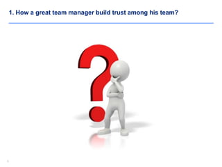 66
1. How a great team manager build trust among his team?
 