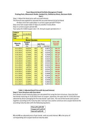 Team Maverick Bond Portfolio Managment Projekt
   Predrag Pesic, Bhavneesh Shukla, Sandesh Gn, Eleftherios Ninos, Nermeen Kishk
                                     Part 1
Step 1: Adjust the bond price with accrued interest
The formula was applied to calculate the accured interest (A I)of ich Bond
     AI=days since last cupon/days in current cupon period*F*C%/m
Days since last coupon date:57 days (11,10,2012-15,02,2013)
Days in current coupon period:182
Face value (F): $100 Coupon rate: C % Annual coupon periods (m): 2

Today's
Date          11.10.2012
Days in
Year              365
                  Bond Quotes
                                                           Price with
               Coupon
  Maturity                                                  Accrued
                Rate                Ask Price               Interest
   Date
                  (%)               x/32   Decimal
  15.2.2013       4,625%      101       22  0,6875     $      101,72
  15.2.2013       0,875%      100        4  0,1250     $      100,14
  15.8.2013       4,375%      103       20  0,6250     $      103,69
  15.8.2013       1,750%      101        8  0,2500     $      101,27
  15.2.2014       3,875%      105       18  0,5625     $      105,61
  15.2.2014       1,375%      101       18  0,5625     $      101,22
  15.8.2014       4,250%      107       16  0,5000     $      107,67
  15.8.2014       0,750%      100       17  0,5313     $      100,12
  15.2.2015       4,000%      108       18  0,5625     $      108,63
  15.2.2015       1,875%      103       12  0,3750     $      103,29
  15.8.2015       4,250%      110       21  0,6563     $      110,67
  15.8.2015       0,500%      100        1  0,0313     $      100,08
  15.2.2016       4,000%      111       15  0,4688     $      111,63
  15.2.2016       2,375%      106        9  0,2813     $      106,37
  15.8.2016       4,250%      113       23  0,7188     $      113,20
  15.8.2016       1,250%      102       19  0,5938     $      102,20
  15.2.2017       4,500%      115       13  0,4063     $      115,70
  15.2.2017       2,125%      105        9  0,2813     $      105,33



        Table 1: Adjusted Bond Price with Accrued Interest
Step 2: Term Structure with Zero-bond
Zero-bonds at each maturity dates are calculated first using the term structure. Since the first
two bonds maturing on 15,02 2013 have no coupon payments, the spot rate for 15,02,2013 was
obtained by direct averaging the first two bonds’ spot rates. The rest of the bonds were paired
together according to the maturity date. Each pair was used to construct zero-coupon bond at the
according maturity date with the following equations:

                           Price:xP1+yP2=P0
                           Cuopon:xC1+yC2=0
                           Face:xF1+yF2=F0

P1 and P2 are adjusted price of pair bonds with accured interest P0 is the price of
corresponding zero-coupon bond at maturity date.
 