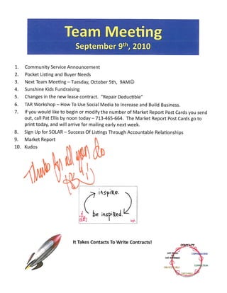 REALTOR Icons - Team Meeting Agenda Notes / Sept. 9th, 2010 / The Woodlands TX/ Prudential Gary Greene, Realtors